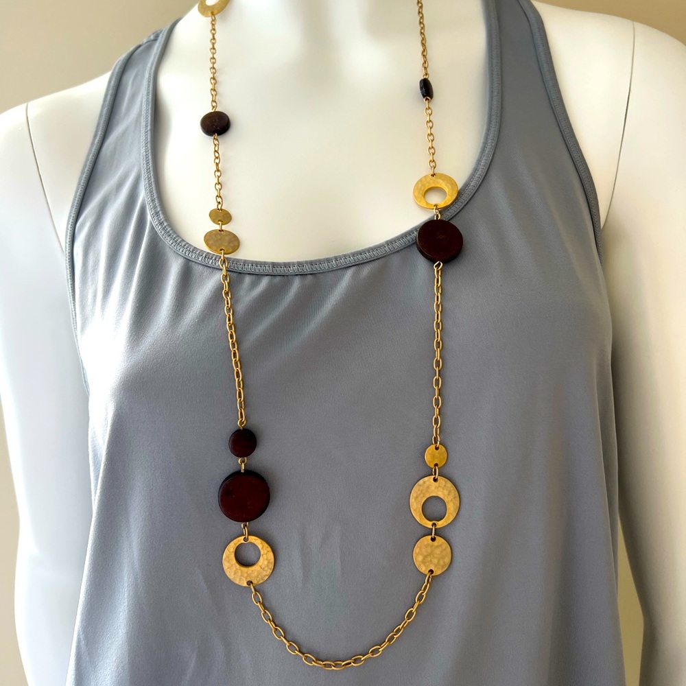Lia Sophia Necklace-Gold/Wood Long Necklace